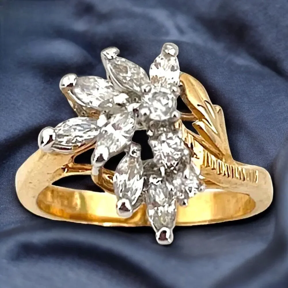 Vintage 1970s Ring Size 6 CZ Floral Spray 14KT Gold Plate - 14Q